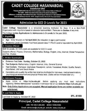 Admission in Cadet College Hasanabdal – Cadet College Hasan Abdal Admissions 2022 — original advertisement