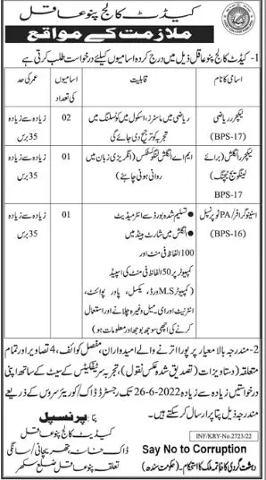 Jobs in Cadet College Pano Aqil Jobs 2022 — original advertisement