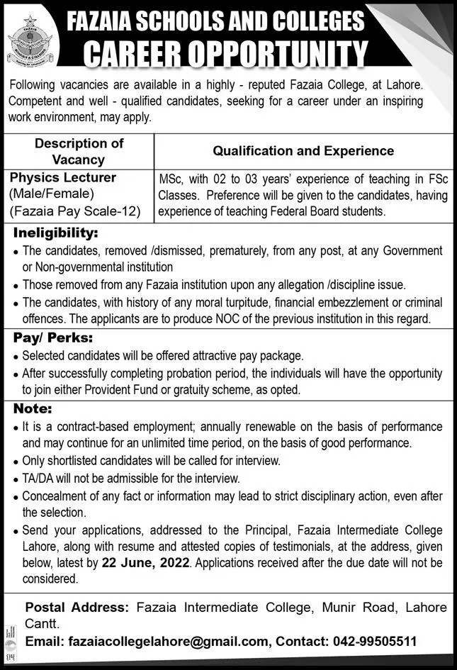 Jobs in Fazia School and Colleges Lahore – Fazaia Schools & Colleges Jobs 2022 — original advertisement