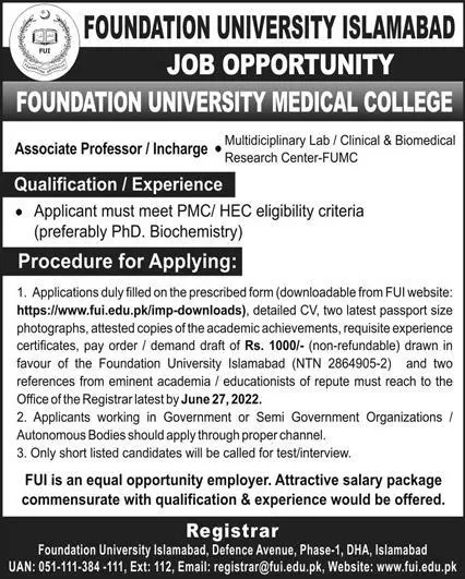 Jobs in Foundation University Islamabad Jobs 2022 — original advertisement