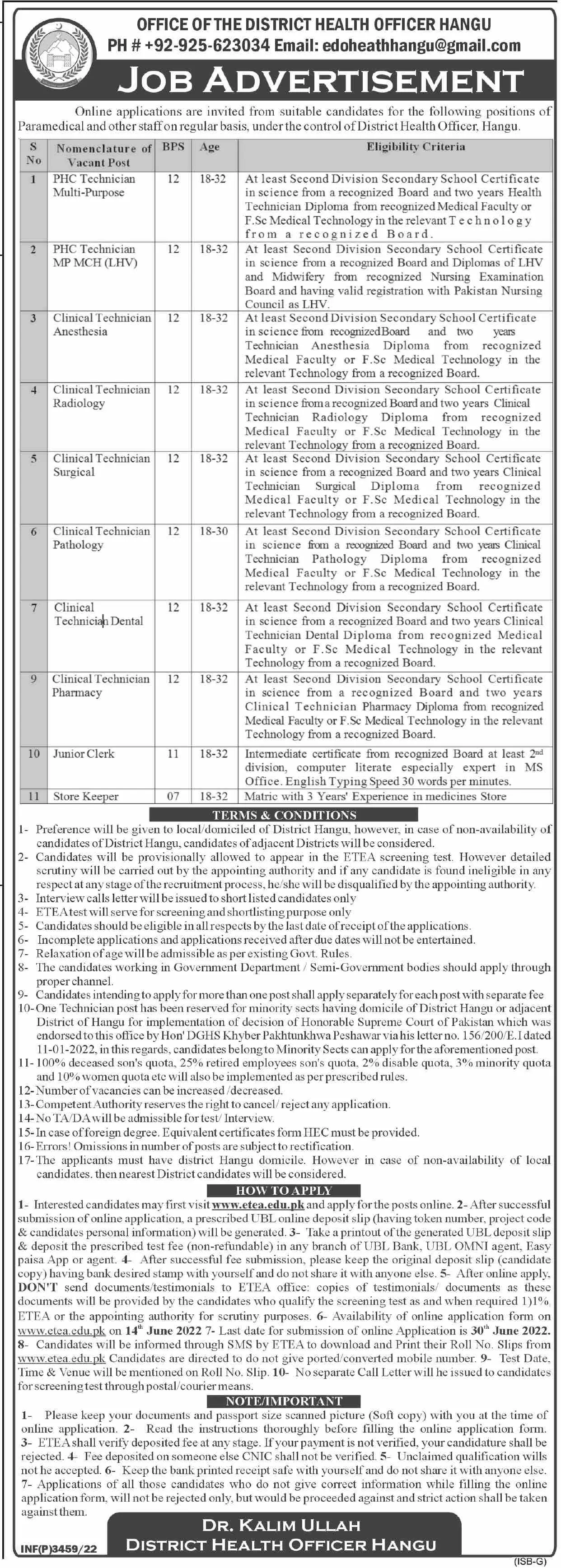 Jobs in District Health officer Hangu – Health Department KPK Jobs 2022 — original advertisement