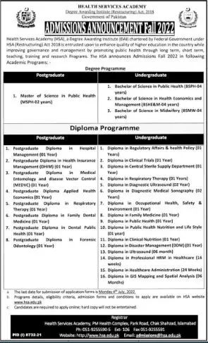 Admission in Health Services Academy Islamabad – Health Department Punjab Admissions 2022 — original advertisement