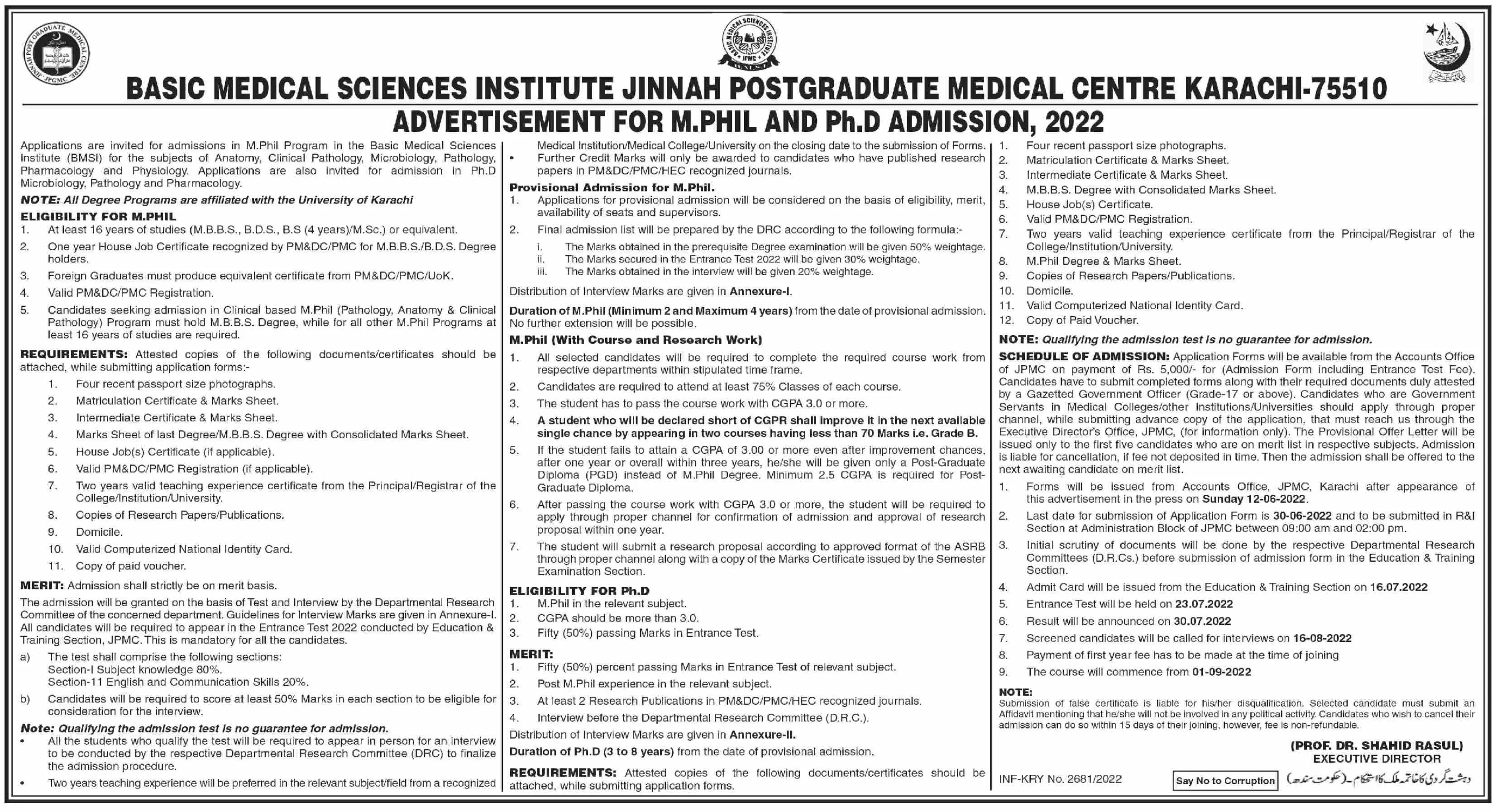 Admission in Medical Sciences Institute Jinnah Postgraduate – Govt of Sindh Admissions 2022 — original advertisement