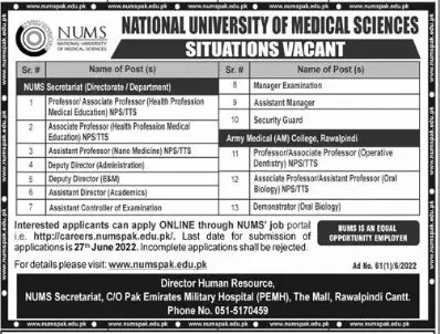 Jobs in National University of Medical Sciences (NUMS) – National University of Medical Science NUMS Jobs 2022 — original advertisement