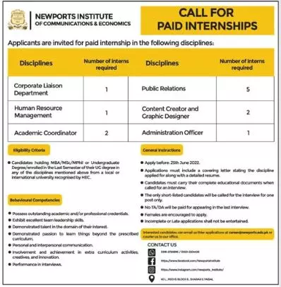 Paid internship in Newports Institute of Communication – Newports Institute of Communications and Economics Jobs 2022 — original advertisement