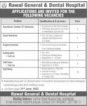 Jobs in Rawal General & dental Hospital Islamabad – Rawal Institute of Health Sciences Jobs 2022 — original advertisement