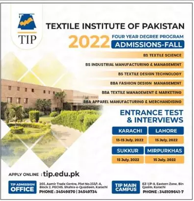 Admission in Textile Institute of Pakistan – Taxtile Institute of Pakistan Admissions 2022 — original advertisement