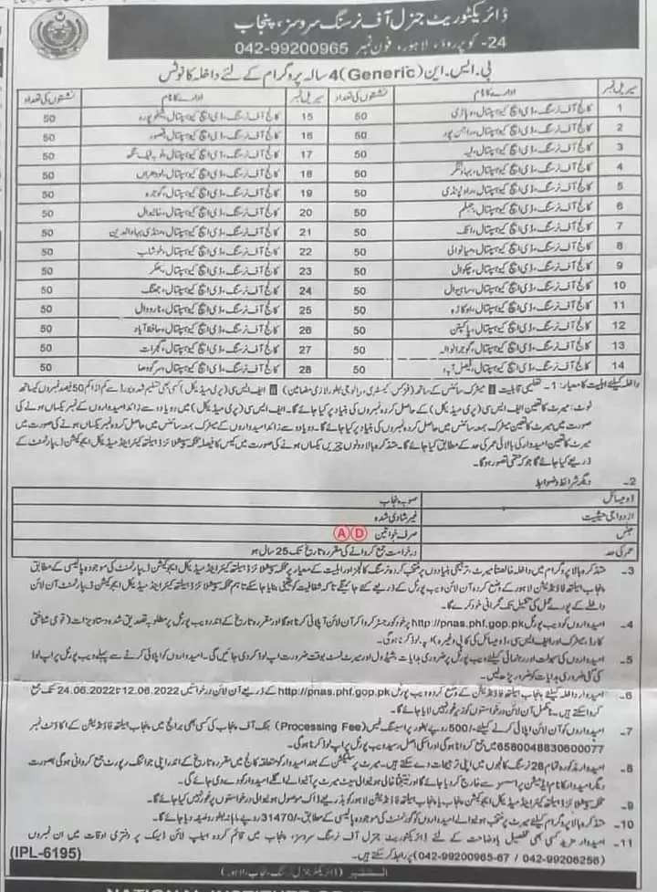 Admissions in Nursing Punjab – Govt of Punjab Admissions 2022 — original advertisement