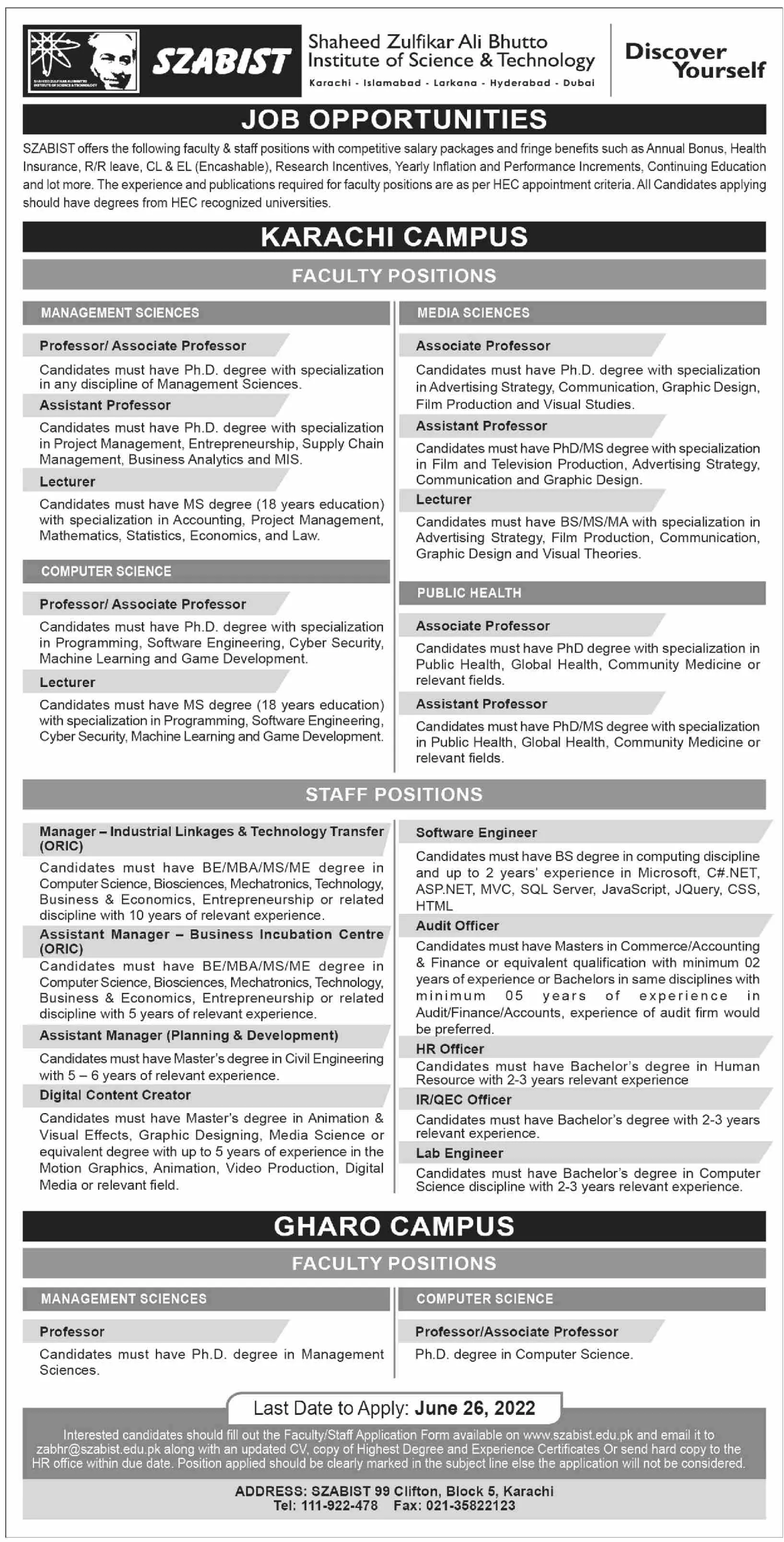 Jobs in Shaheed Zulfiqar Ali Bhutto Institute of Technology Jobs 2022 — original advertisement