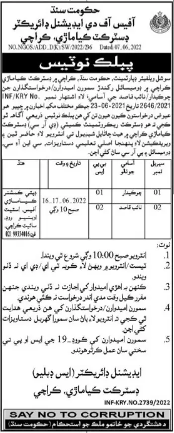 Jobs in Social Welfare Department Karachi Sindh – Social Welfare Department Sindh Jobs 2022 — original advertisement