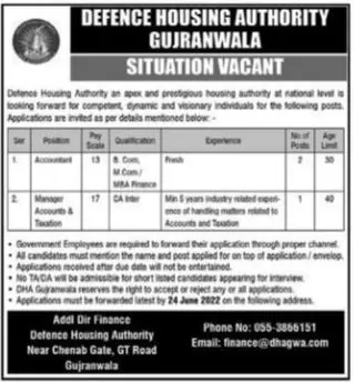 Jobs in Defence Housing Authority Gujranwala Jobs 2022 — original advertisement