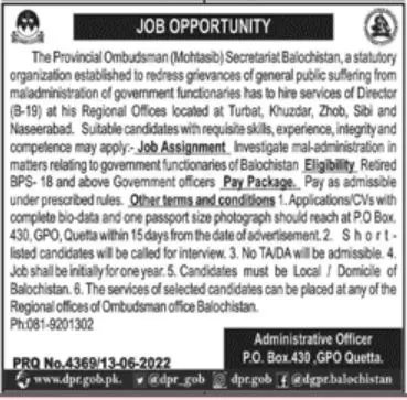 Provincial Ombudsman Mohtasib Secretariat Balochistan Jobs Jobs 2022 — original advertisement