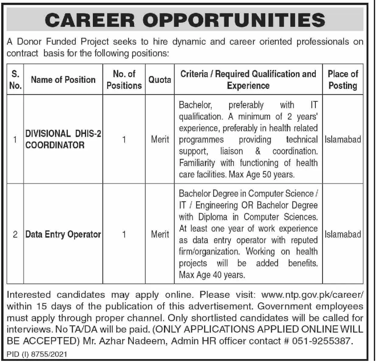 Jobs in Donor Funded Project Program Islamabad – Public Sector Organization Jobs 2022 — original advertisement