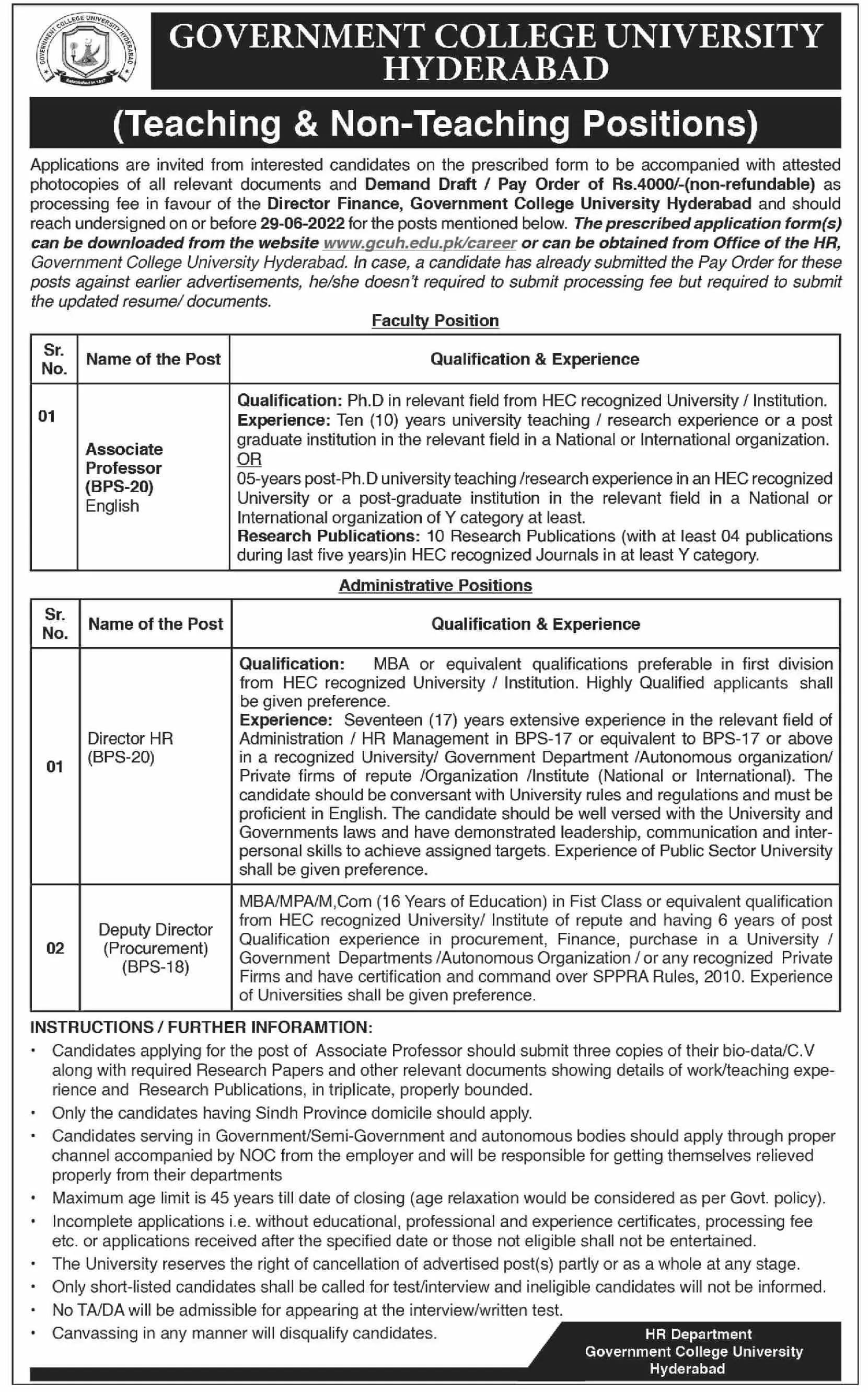 Jobs in Government College University Hyderabad Jobs 2022 — original advertisement