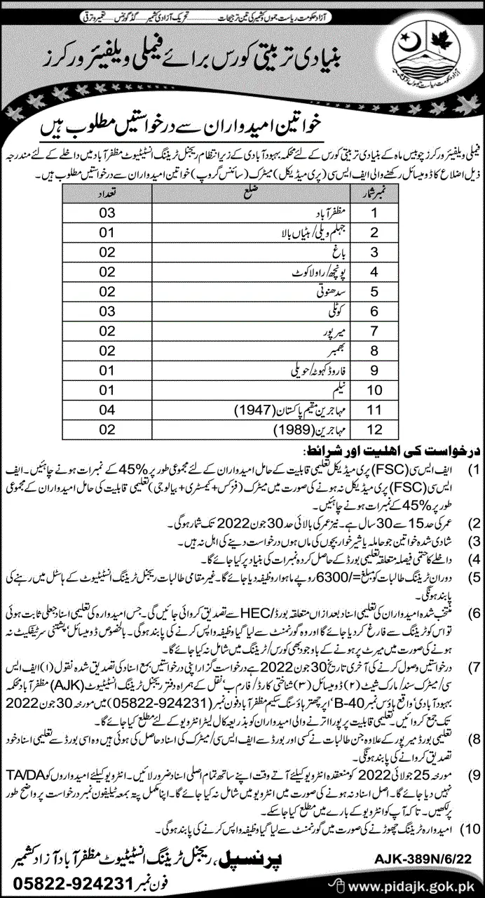 Jobs in Family Welfare Worker Course at Training Institute – Govt of Azad Kashmir Jobs 2022 — original advertisement