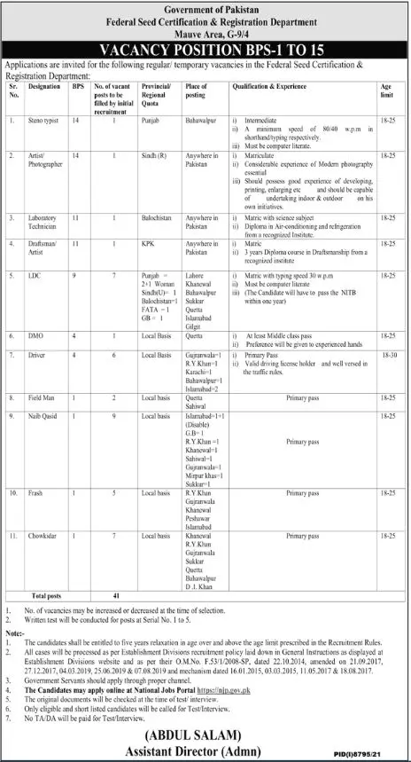Jobs in Federal Seed Certification & Registration Department Jobs 2022 — original advertisement