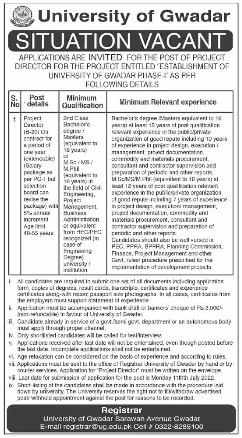 Jobs in University of Gwadar Jobs 2022 — original advertisement