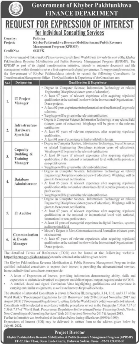 Jobs in Finance Department Khyber Pakhtunkhwa – Finance Department KPK Jobs 2022 — original advertisement