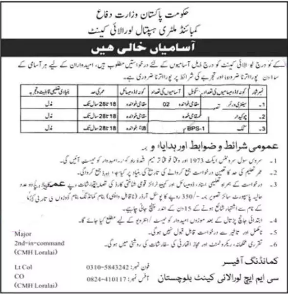Jobs in Combined Military Hospital Loralai cantt – Combined Military Hospital CMH Jobs 2022 — original advertisement