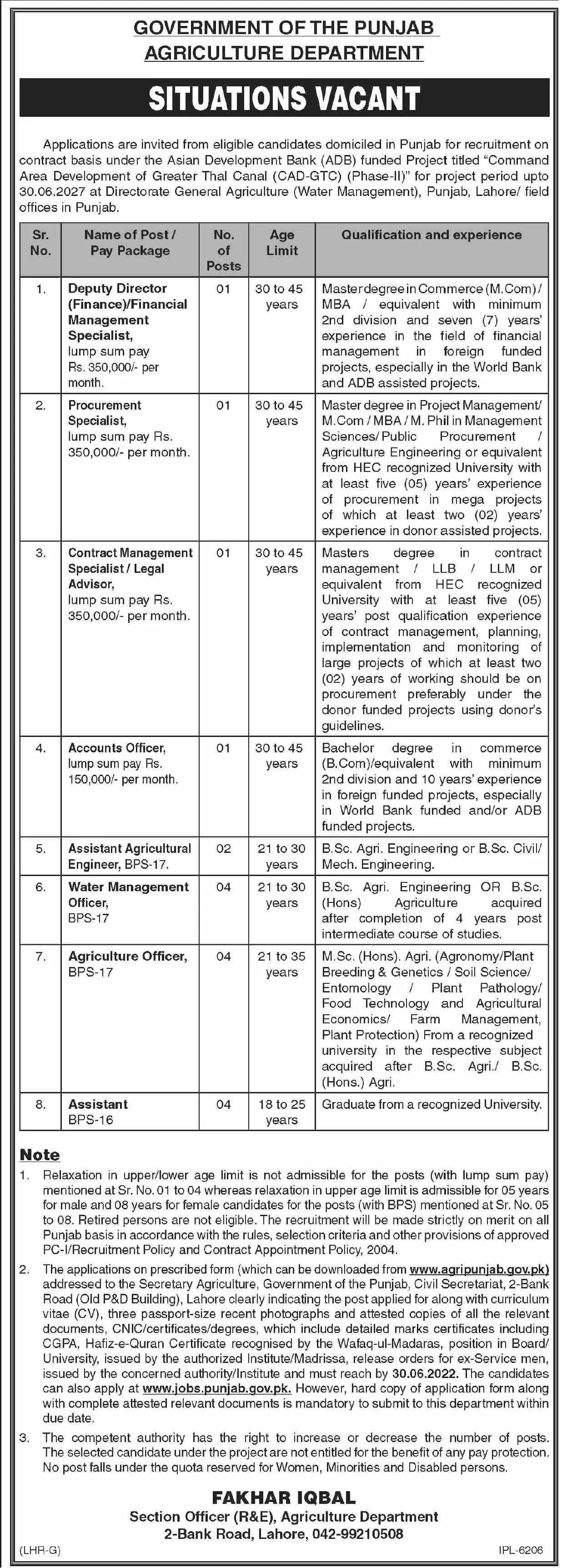 Jobs in Agriculture Department Punjab Jobs 2022 — original advertisement