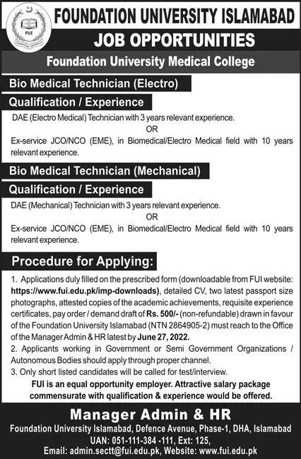 Jobs in Foundation University Islamabad Jobs 2022 — original advertisement