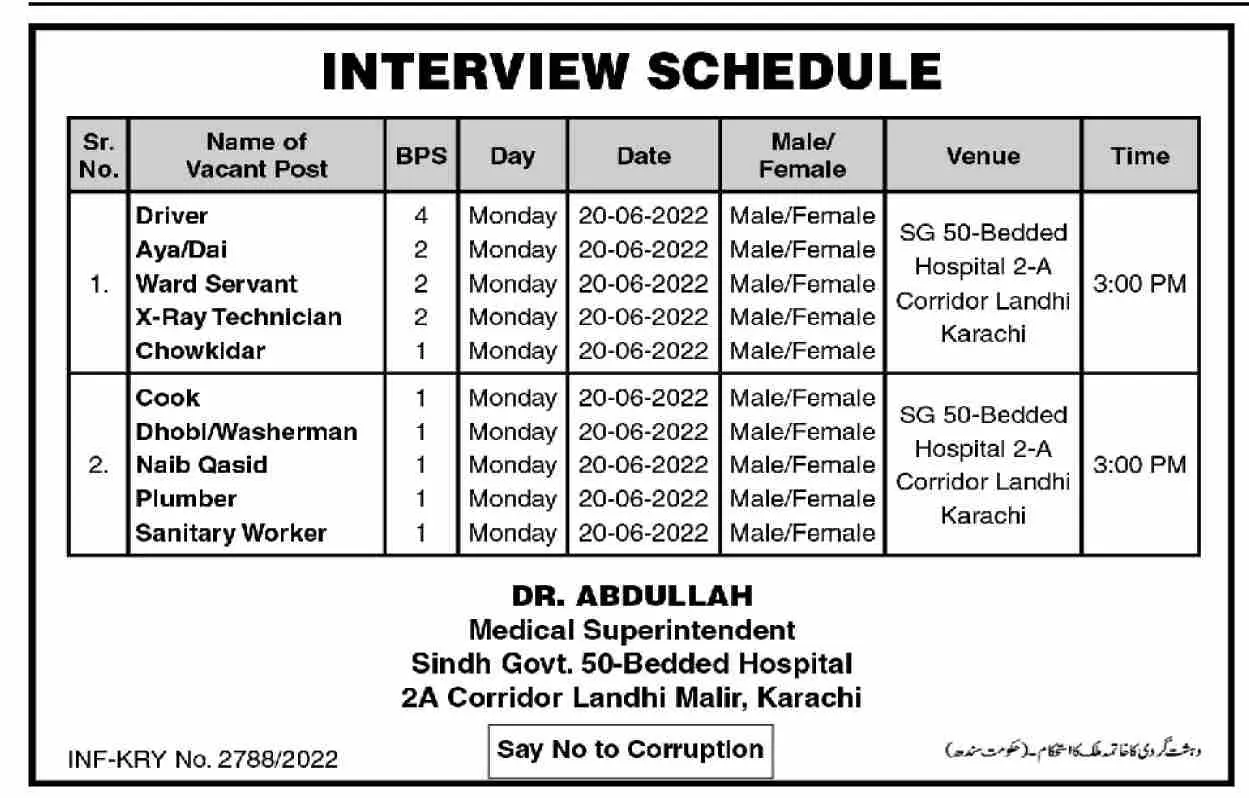 Interview in Govt 50 Bedded Hospital Corridor Landhi Malir – Health Department Sindh Jobs 2022 — original advertisement