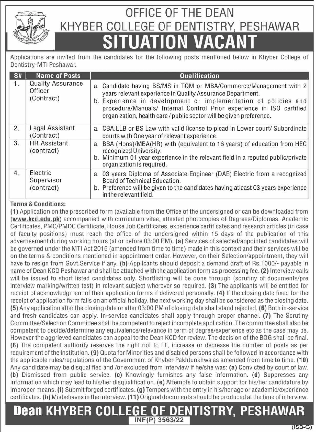 Jobs in Khyber College of Dentistry Peshawar – Khyber College of Dentistry Peshawar Kpk Jobs 2022 — original advertisement