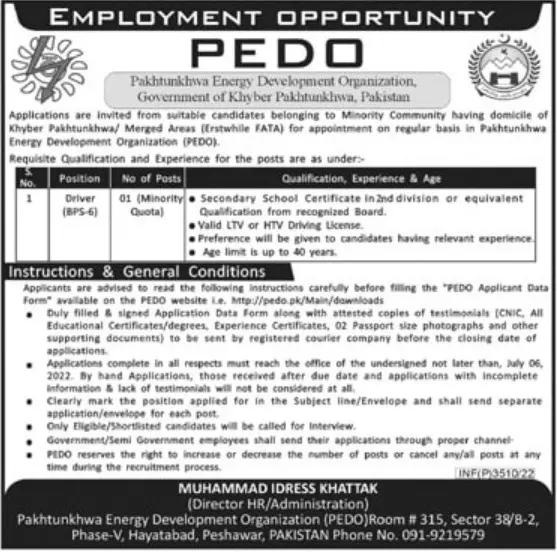 Jobs in Pakhtunkhwa Energy Development organization (PEDO) – Khyber Pakhtunkhwa Energy Development Organization Jobs 2022 — original advertisement