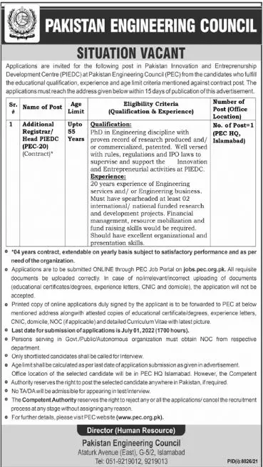 Jobs in Engineering Council Islamabad – Pakistan Engineering Council (PEC) Jobs 2022 — original advertisement