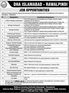 Jobs in DHA Islamabad Rawalpindi – Defence Housing Authority Jobs 2022 — original advertisement