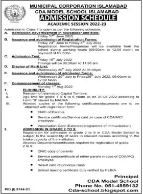 Admission Municipal Corporation Islamabad CDA  Model School – Capital Development Authority (CDA) Islamabad Admissions 2022 — original advertisement