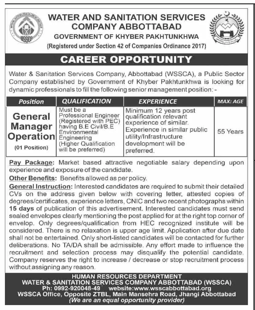 Jobs in Water And Sanitation Services Company Abbottabad – Private Company Jobs 2022 — original advertisement