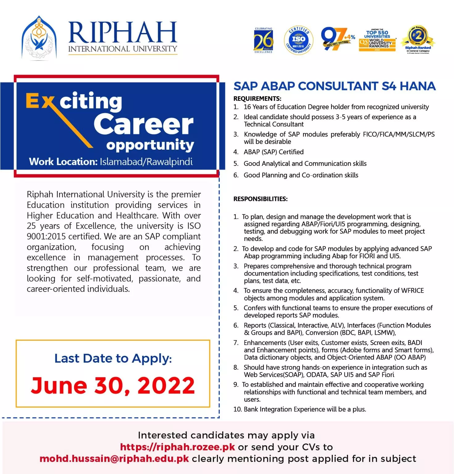 Jobs in Riphah International University Jobs 2022 — original advertisement