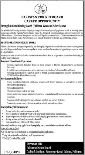 Jobs in Pakistan Cricket Board (PCB) Jobs 2022 — original advertisement