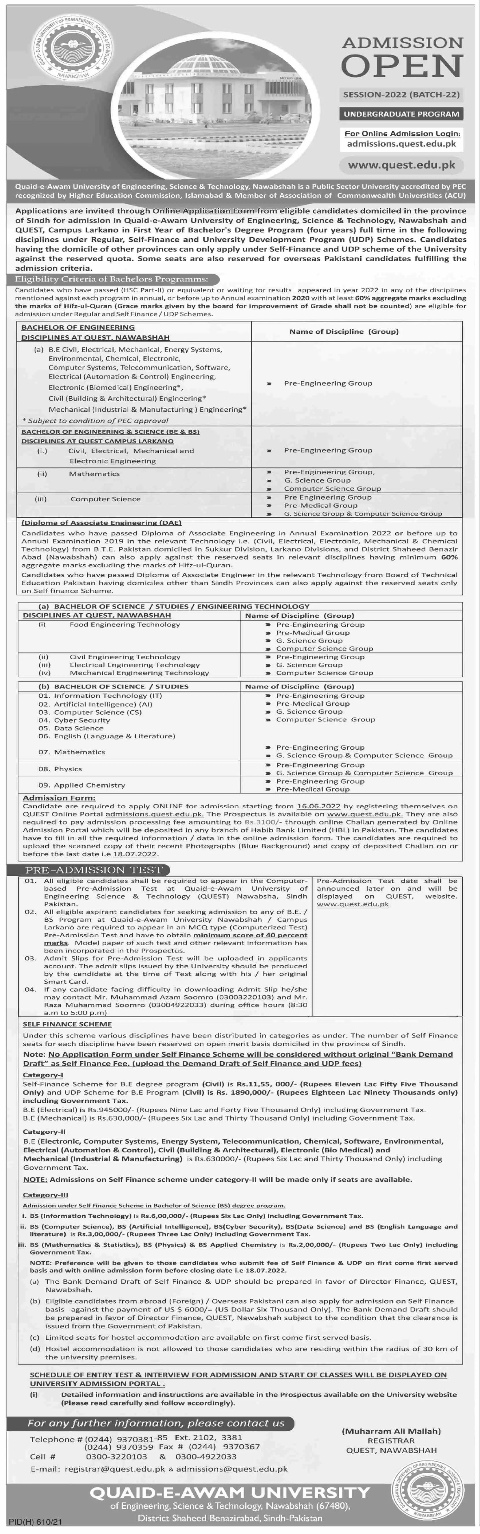 Admission in Quaid-e-Awam University of Engineering Science – Quaid-e-Awam University of Engineering Science & Technology Shaheed Benazirabad Admissions 2022 — original advertisement
