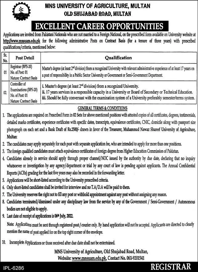 Jobs in MNS University of Agriculture Multan – MNS-University of Agriculture, Multan. Jobs 2022 — original advertisement