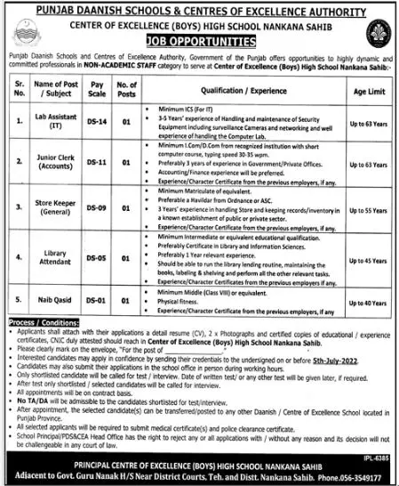 Punjab Daanish Schools & Centres of Excellence Authority job Jobs 2022 — original advertisement
