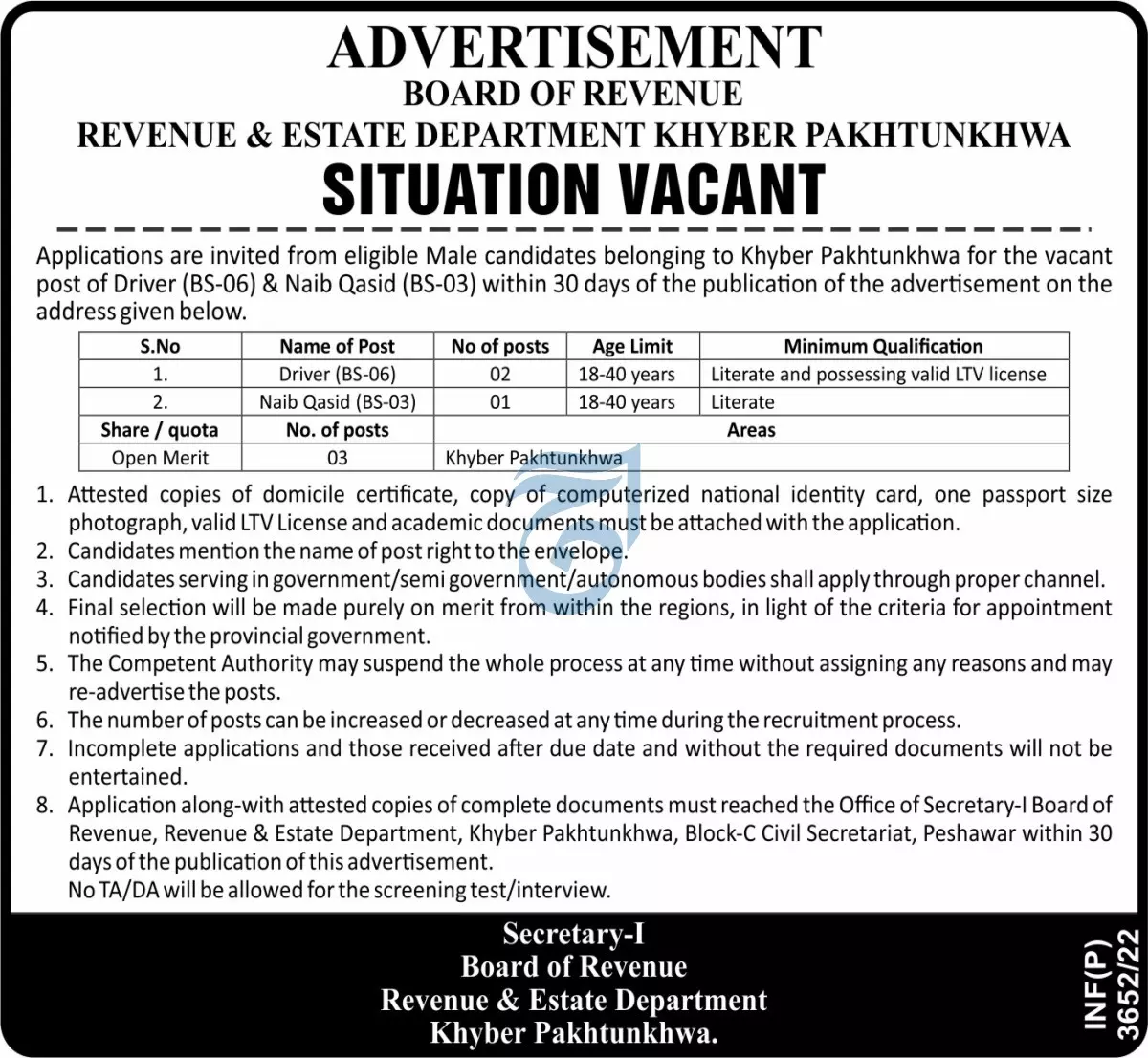 Jobs in Revenue and Estate Department Khyber Pakhtunkhwa – Revenue Department KPK Jobs 2022 — original advertisement