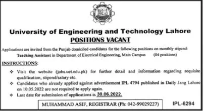 Jobs In University of Engineering And Technology Lahore – University of Engineering  & Technology Lahore Jobs 2022 — original advertisement