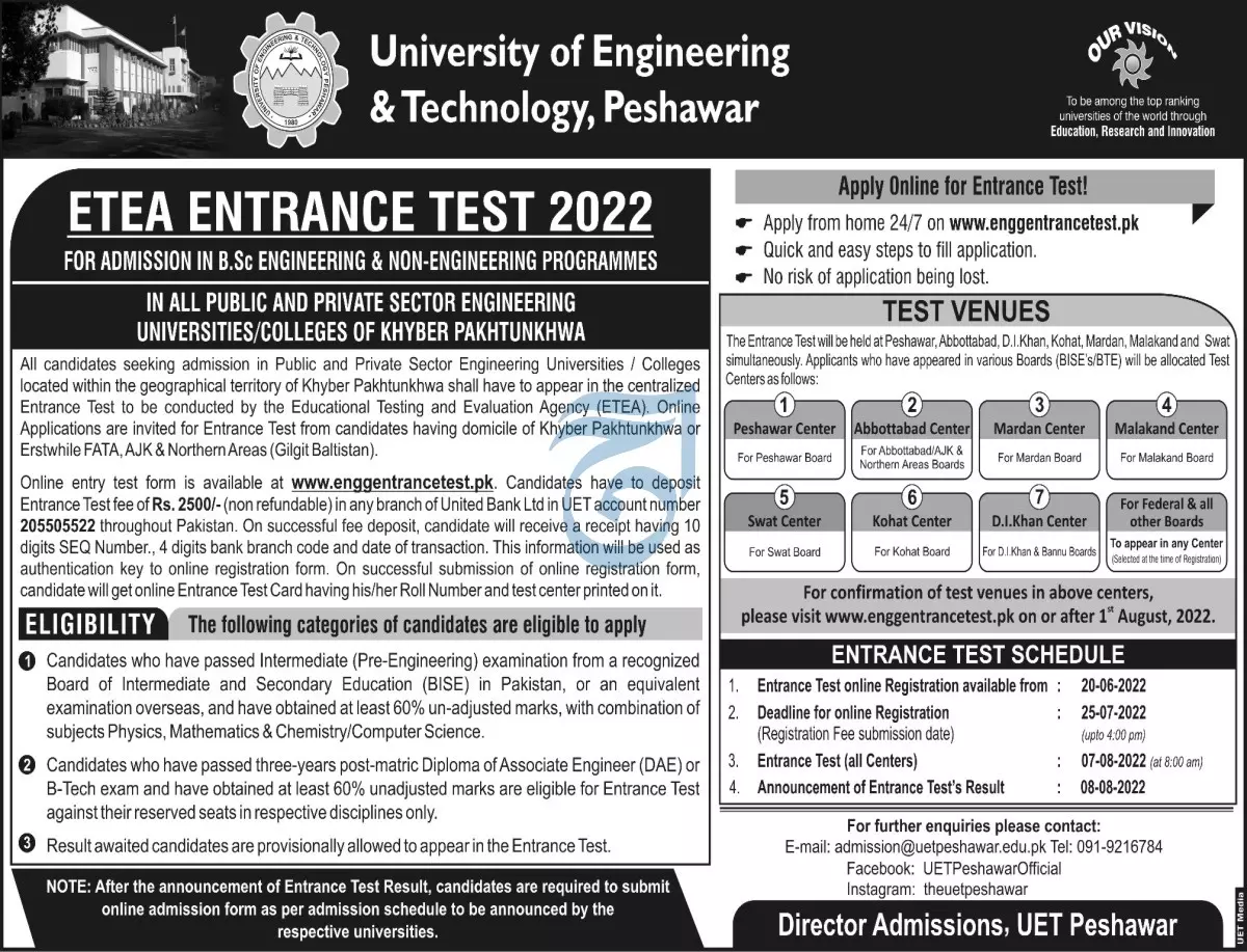 Admission in University of Engineering And Technology – University of Engineering and Technology Peshawar Admissions 2022 — original advertisement