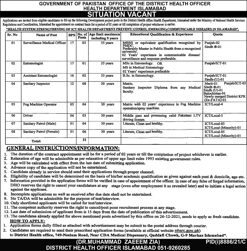 Jobs in Health Department Islamabad Jobs 2022 — original advertisement