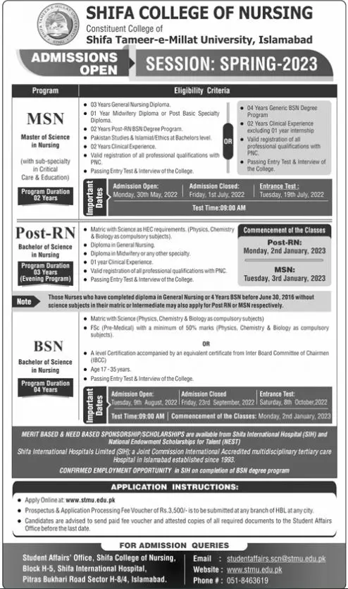 Admission in Shifa Tameer-e-Millat University Islamabad Admissions 2022 — original advertisement