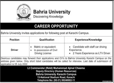 Jobs in Bahria University Karachi Campus Jobs 2022 — original advertisement