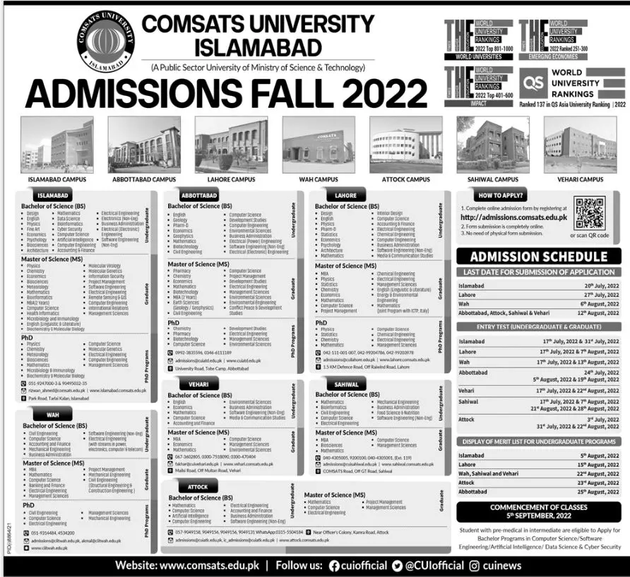 Admission In Comsats University Islamabad Admissions 2022 — original advertisement