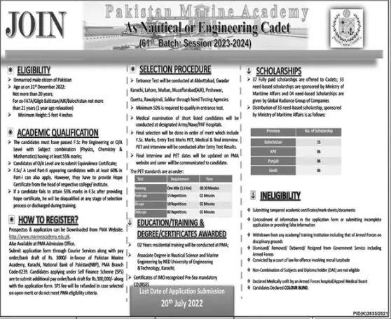 Jobs Pakistan Marine Academy as Nautical or Engineering – Pakistan Military Academy PMA Jobs 2022 — original advertisement