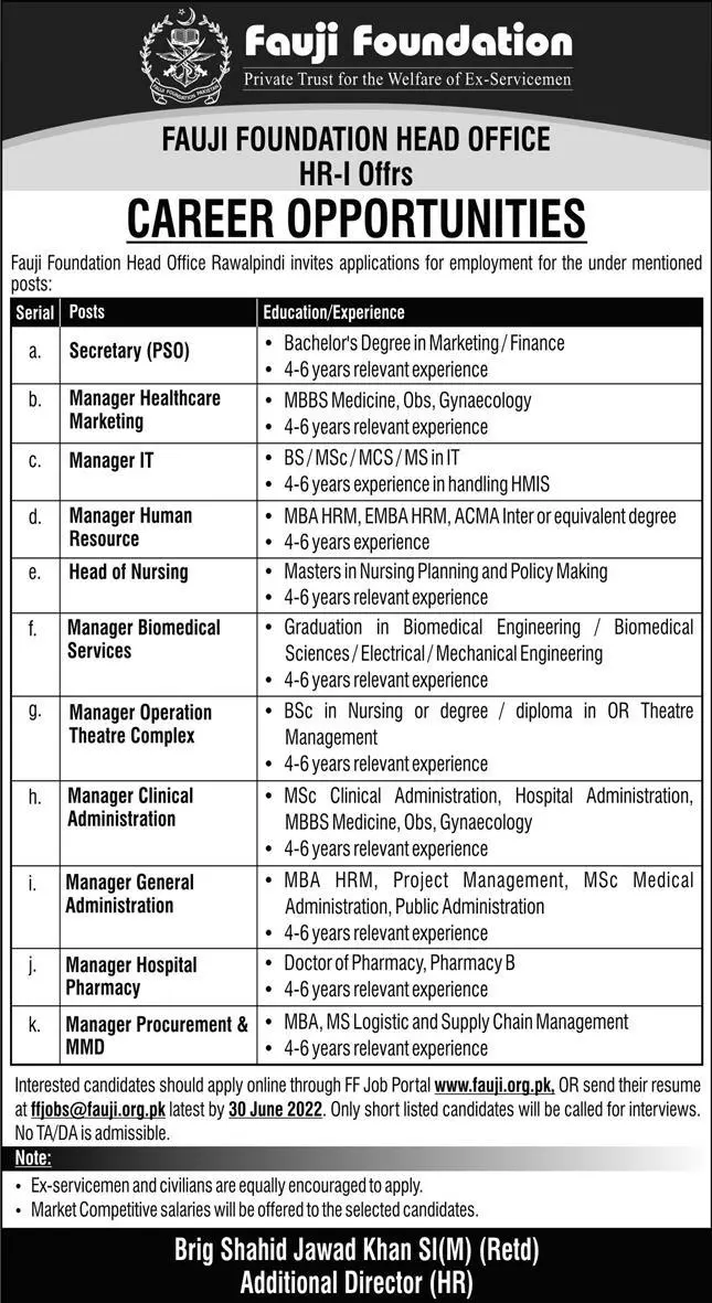 Jobs In Fauji Foundation Rawalpindi Punjab Jobs 2022 — original advertisement