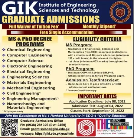 Admission in institute of Engineering Science And Technology – Ghulam Ishaq Khan GIK Institute of Engineering Sciences and Technology Swabi Admissions 2022 — original advertisement