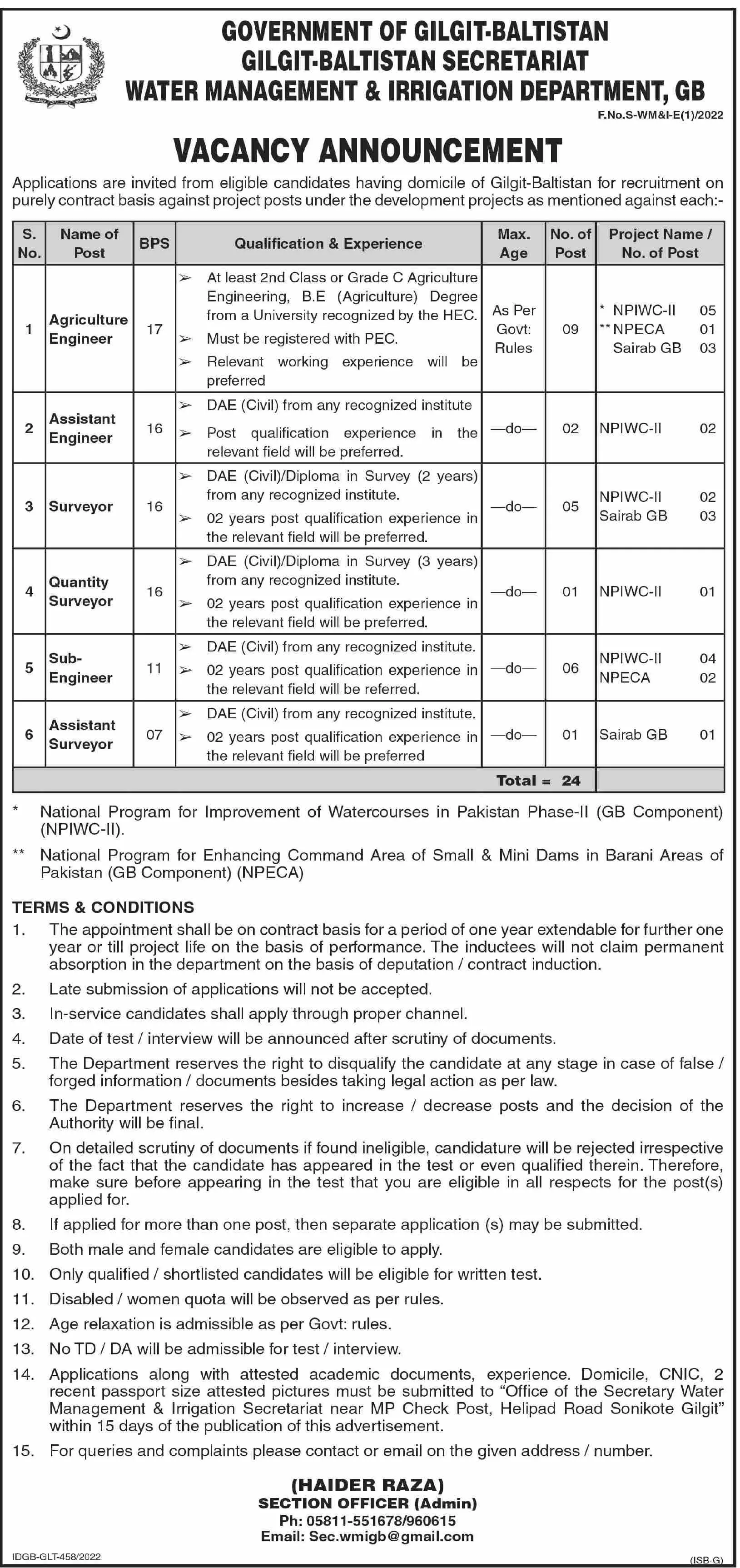 Jobs in Water Management And Irrigation Department Gilgit – Government of Gilgit-Baltistan Jobs 2022 — original advertisement