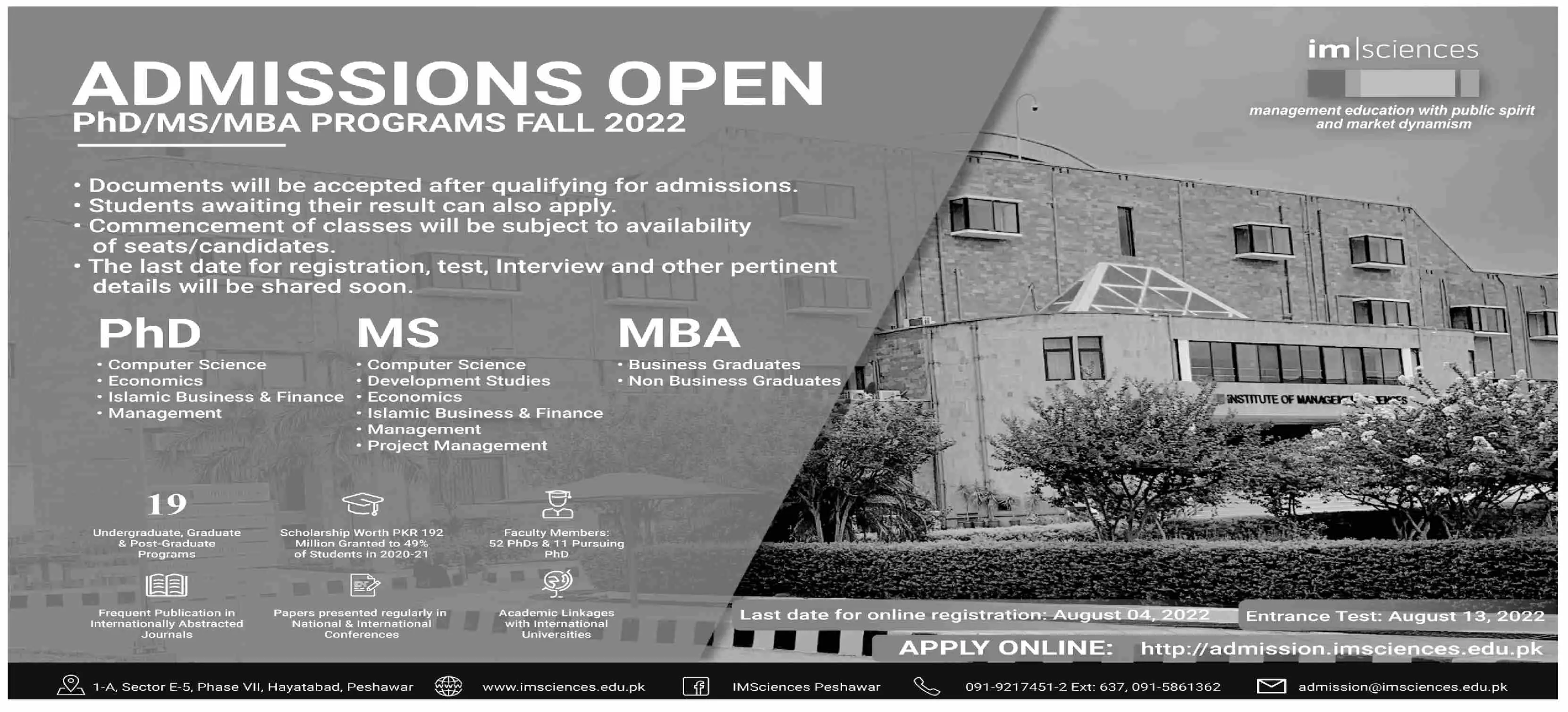 Admission in institute of Management Science Peshawar – Institute of Management Sciences Peshawar Admissions 2022 — original advertisement