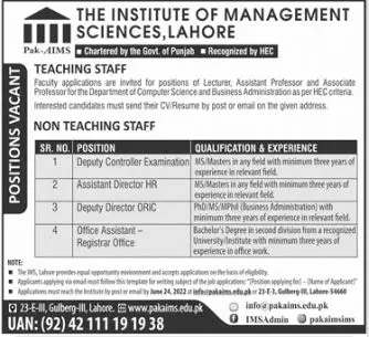 Jobs in Institute of Management Sciences (Lahore) – Institute of Management Sciences Lahore Jobs 2022 — original advertisement
